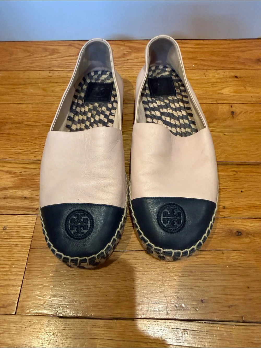 Tory Burch Blush Pink Leather Espadrilles with Black Cap Toe
